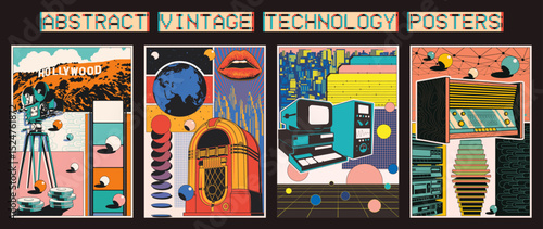  Film Camera, Jukebox, Retro Computer, Retro Radio Abstract Vintage Technology Posters. Cityscape Backgrounds,  Geometric Shapes, Abstract Perspectives and Dimensions