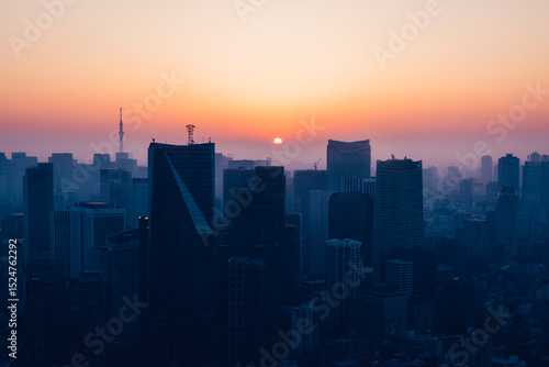 夜明けを迎える東京都心のビル群