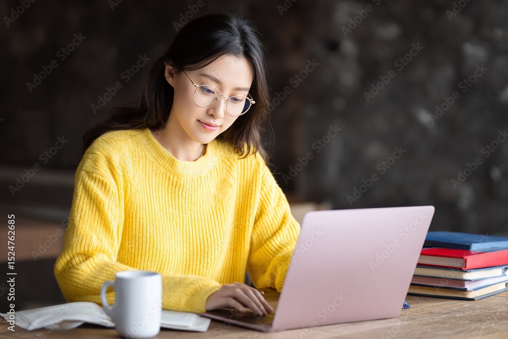 Fototapeta premium Focused Young Woman Working on Laptop, Studying or Working Remotely