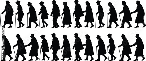 Senior citizens walking silhouettes, elderly people with canes, retirement vector figures, mobility support for aged, healthcare illustration, black design