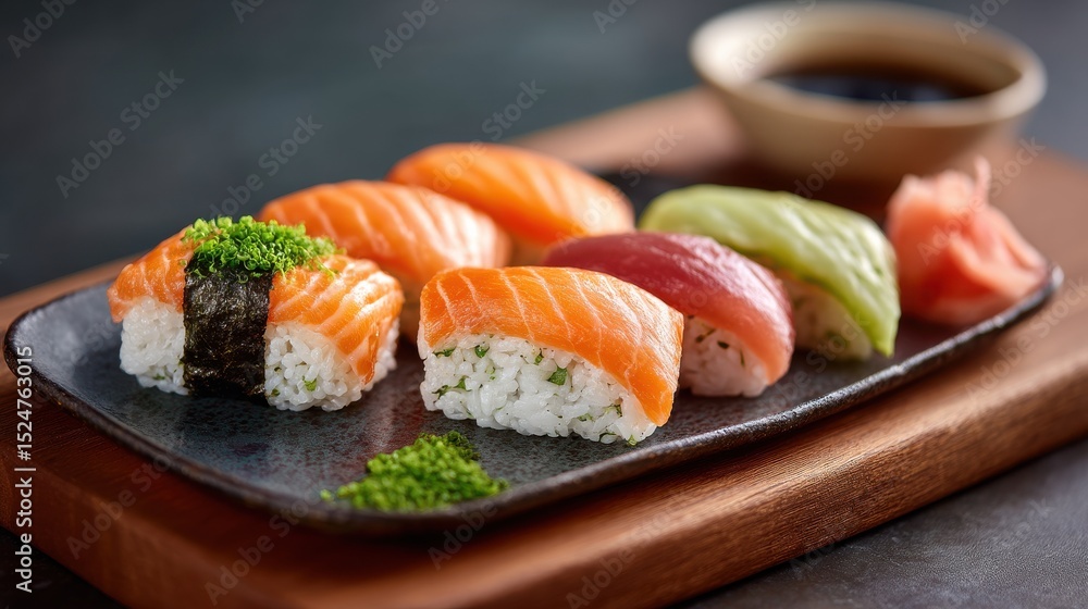 Assorted sushi platter with soy sauce on wooden board. Assorted sushi platter with soy sauce on wooden board.