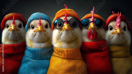 Creative animal concept. Group of chicken in funky Wacky wild mismatch colourful outfits on bright background advertisement, 