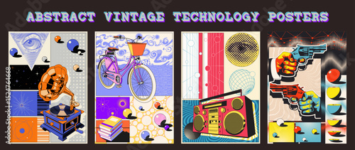1920s Gramophone, Women's Bicycle, 1980s Style Cassette Stereo Recorder, Handguns Abstract Vintage Technology Poster Set. Geometric Shapes and Abstract Dimensions