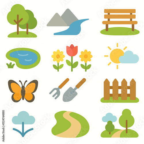 Nature and Garden Landscape – 12 Flat Vector Icons Set
