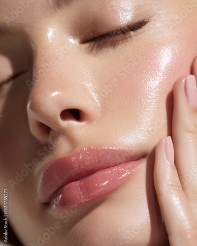 Glowing Glass Skin Beauty Portrait of Woman Touching Face