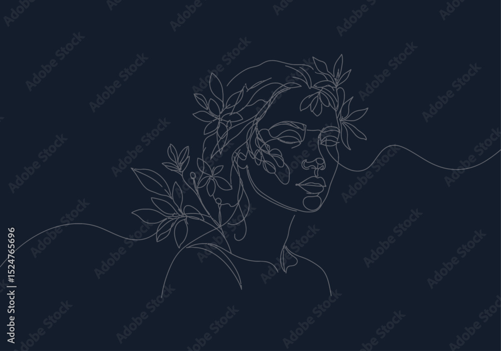 Fototapeta premium Abstract Female Line Art with Botanical Motifs on Deep Navy Background Minimal Vector Illustration