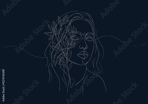 Abstract Female Line Art with Botanical Motifs on Deep Navy Background Minimal Vector Illustration