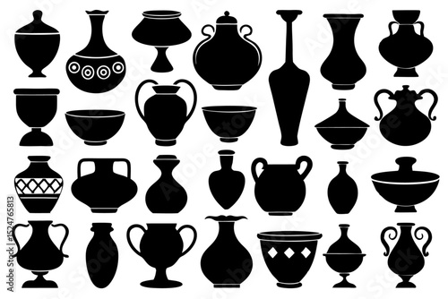 Collection of pottery ceramic vase silhouette shapes isolated on transparent background
