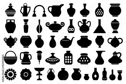 Collection of pottery ceramic vase silhouette shapes isolated on transparent background