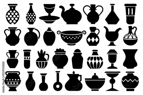 Collection of pottery ceramic vase silhouette shapes isolated on transparent background