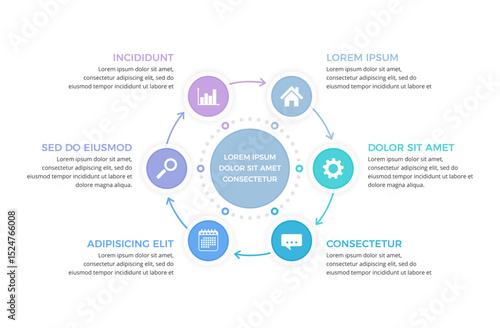 Modern circular diagram infographic with six connected steps, vector eps10 illustration