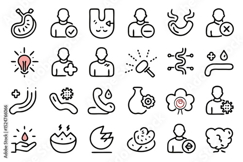 Editable stroke outline illustration of stomach ache and pain isolated on transparent background