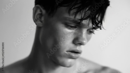 Striking young mans pensive blackandwhite portrait