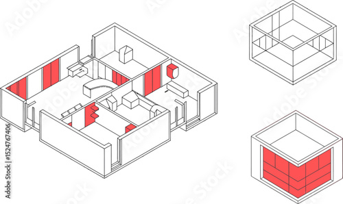 Isometric floor plan interior design architecture visualization layout rendering blueprint drawing editable stock vector illustration