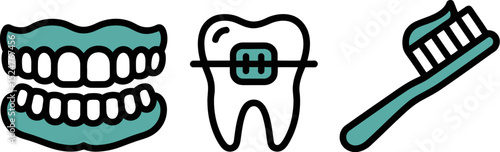 Dental care and hygiene illustration for teeth health with toothbrush braces and dentures vector art editable stock vector illustration