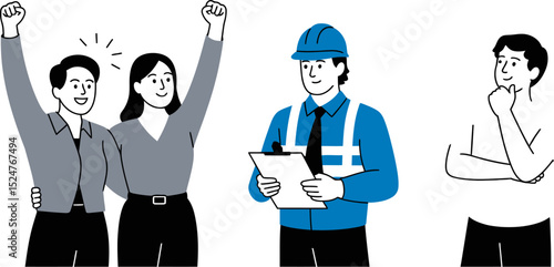 Illustration of teamwork success engineering construction planning thinking celebration project team editable stock vector illustration