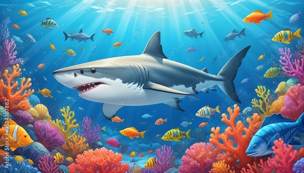 Obraz premium Cartoon illustration of a friendly shark swimming in a vibrant coral reef.