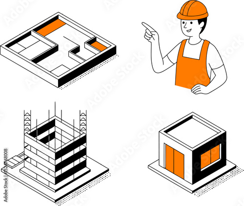 Isometric building construction stages architecture design worker engineer development process plan editable stock vector illustration
