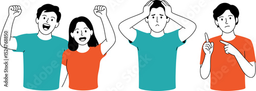 Illustration of people showing different emotions happy sad confused and thoughtful vector drawing art 100 editable stock vector illustration