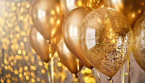 Gold balloons as soft bokeh circles. Gold balloon. Shiny gold balloons reflecting. Bokeh and glamour Defocused celebration background. Photorealistic approach Hyper-realistic celebration scene.