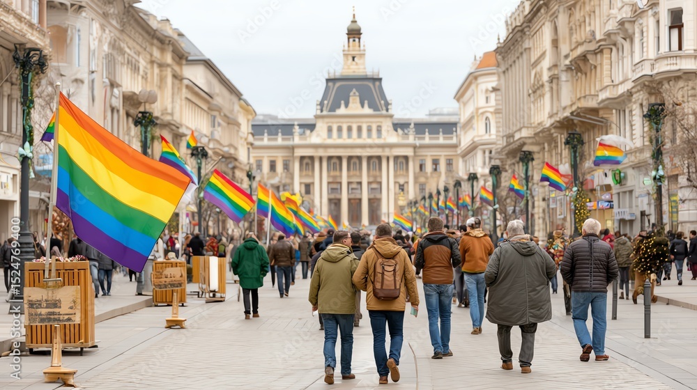 Naklejka premium Crowd at a Gay Pride Parade Walking Down a City Street with Rainbow Flags,Pride Month LGBTQ