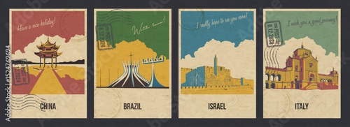 Italy, Israel, China, Brazil Main Attractions Postcards, Milan Monumental Cemetery, Jerusalem Tower of David, Jixian Pavilion, Cathedral of Brazil Illustrations. Vector Templates Retro Style Posters