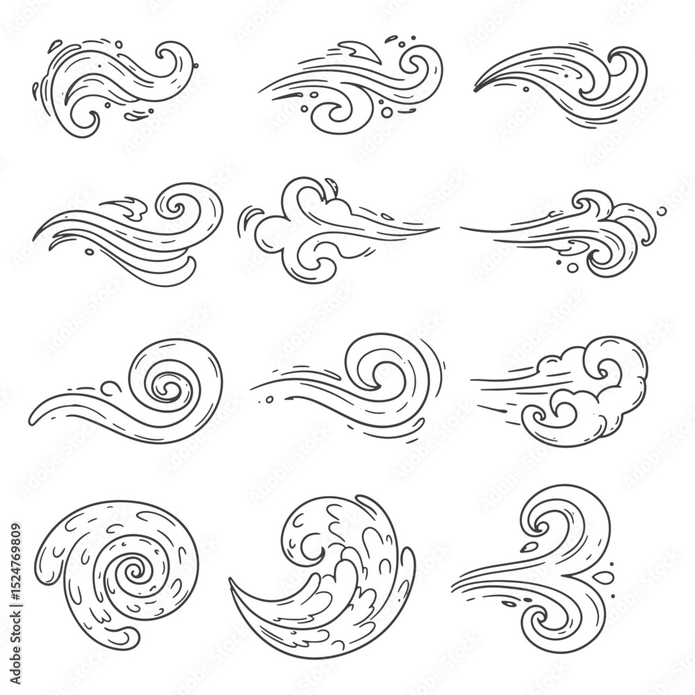 Fototapeta premium A set hand drawing of a wind line with doodle-style design