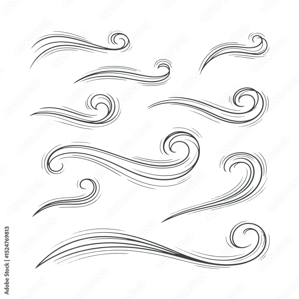Fototapeta premium A set hand drawing of a wind line with doodle-style design