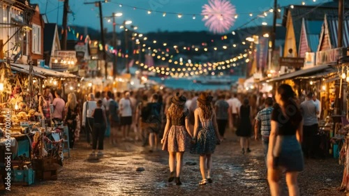 Vibrant Night Market Atmosphere with Crowds, Lights, and Festive Fireworks Display
