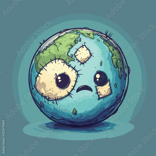 sad, crying earth, get sick of planet earth with patches and bandages, vector style simple color