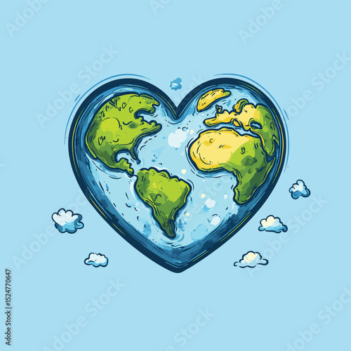 world planet earth with heart shape, vector style simple color
