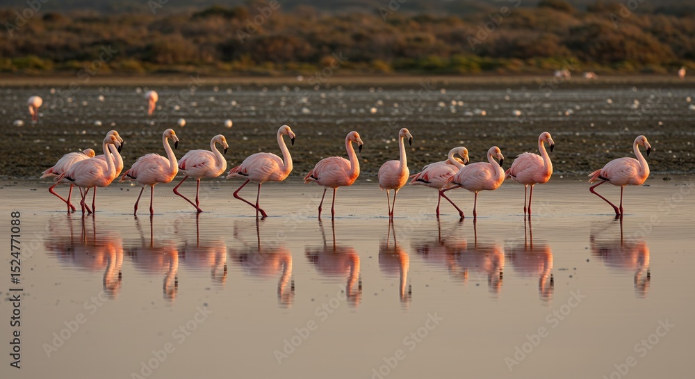 Naklejka premium Flamingos Wading in Shallow Water at Sunset with Reflections