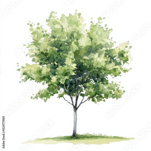 Watercolor Painting of a Lush Green Tree on White Background