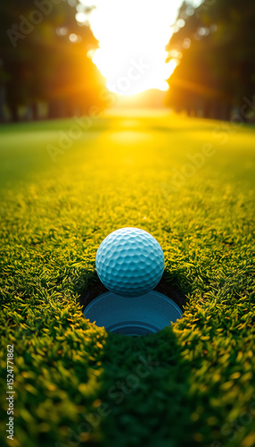 Golf ball about to sink in hole at sunset