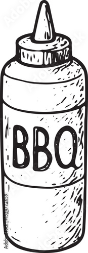 A black-and-white sketch of a BBQ sauce bottle, offering a smoky and sweet flavor, essential for enhancing grilled meats at an outdoor barbecue or picnic