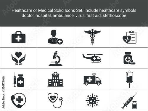 Healthcare or Medical Solid Icons Set. Include healthcare symbols doctor, hospital,
ambulance, virus, first aid, stethoscope, microscope. medical-related icons set
