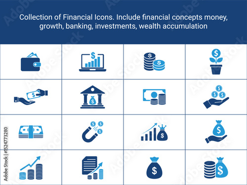 Collection of Financial Icons. Include financial concepts money, growth, banking, investments,
wealth accumulation. finance icons vector illustration, solid, flat icons