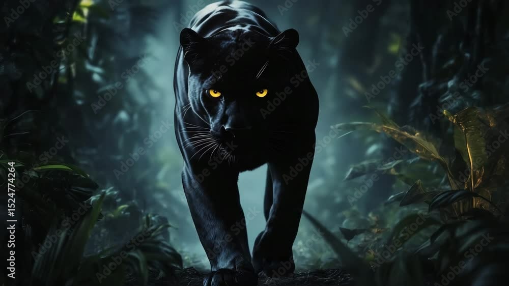 A black panther is walking through a forest. The image has a dark and mysterious mood, with the panther's yellow eyes adding to the sense of danger and intrigue