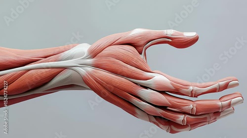 Detailed hand muscles and tendons illustration.