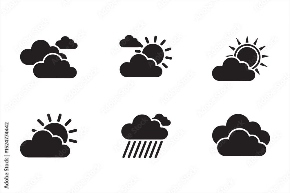 Detailed Black Weather Icons with Rain, Lightning, and Fog Effects Detailed Black Weather Icons with Rain, Lightning, and Fog Effects