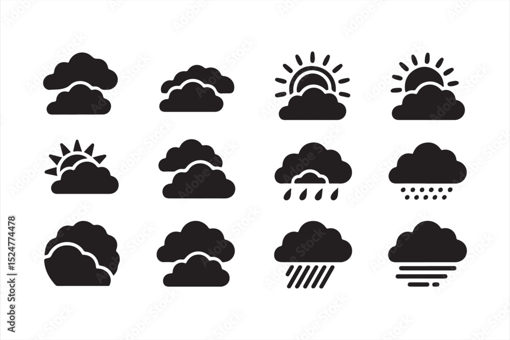 Flat Weather Symbols Featuring Cloud, Sun, and Rain for Digital Use Flat Weather Symbols Featuring Cloud, Sun, and Rain for Digital Use