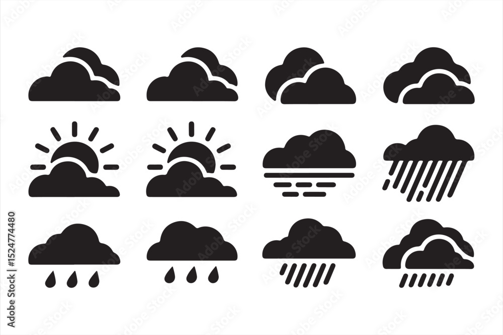 Black Silhouette Weather Icon Set for Forecast Apps and UI Design Black Silhouette Weather Icon Set for Forecast Apps and UI Design
