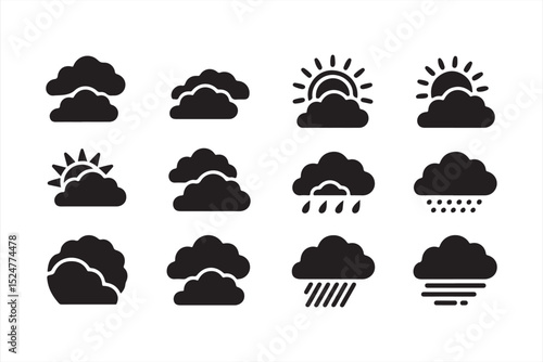 Flat Weather Symbols Featuring Cloud, Sun, and Rain for Digital Use