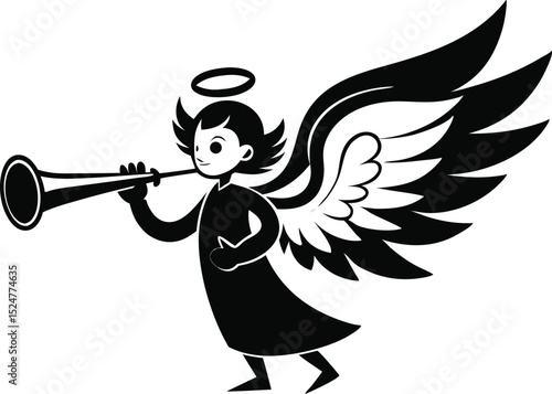 angel blowing trumpet in black silhouette with halo and wings perfect for christmas decoration and festive religious artwork