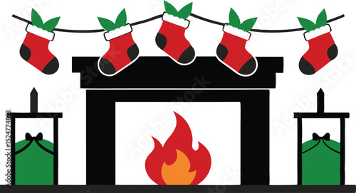 Christmas fireplace scene with stockings hanging and wrapped gifts ideal for winter holiday celebration cozy indoor illustration