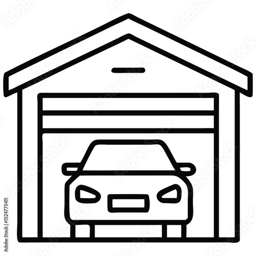 Car Inside Garage Outline Illustration, Vehicle Storage, Automotive Symbol, Parking Space