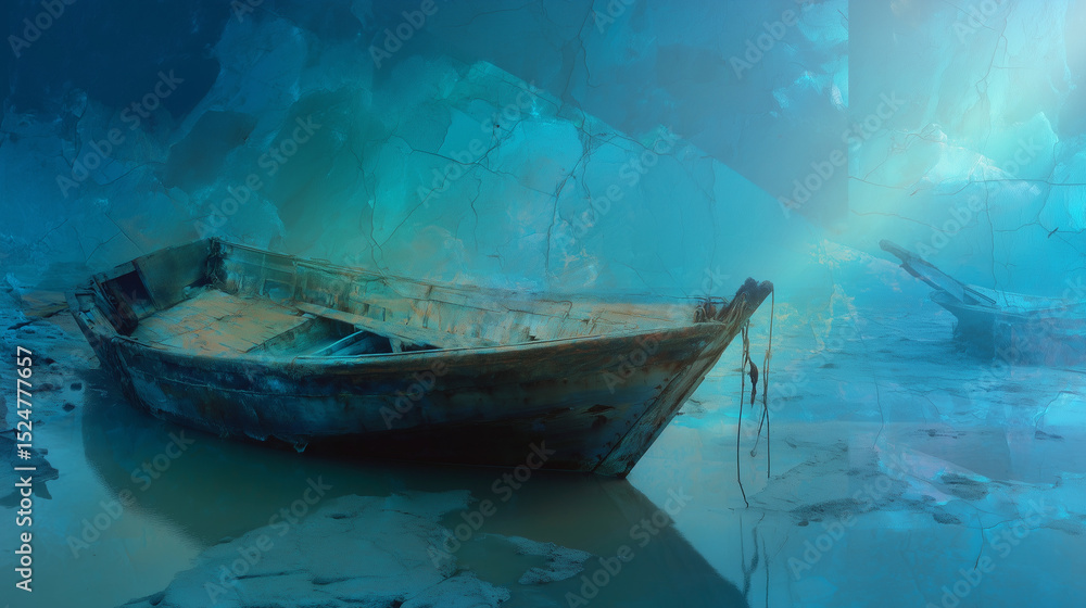 Obraz premium Abandoned Boat in Surreal Blue Landscape.