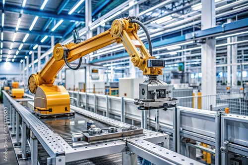 Automated Manufacturing Process with Robotic Arm on Conveyor Belt