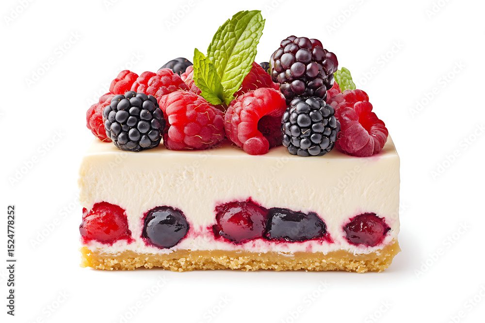 Delicious Cheesecake Slice Topped with Fresh Raspberries Blackberries and Mint Delicious Cheesecake Slice Topped with Fresh Raspberries Blackberries and Mint