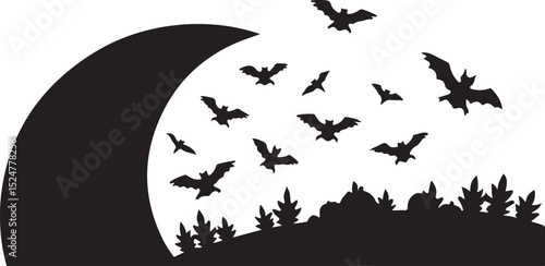 Flying bats silhouette in a Halloween night sky with trees vector illustration
